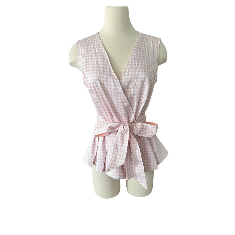 7th Avenue Design Studio Pink Gingham Wrap Top Size L(M) Cottage Coquette Pastel